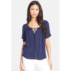 JOIE Berkeley Matte Silk Short Sleeve Top Keyhole Nape Bow Ruched Navy Blue XS